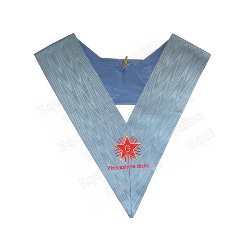 Collar masónico muaré – Rito Francés Tradicional – Vénérable en chaire avec inscription – Bordado a máquina