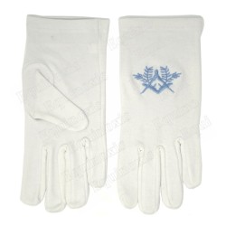 Guantes masónicos bordados de algodón – Escuadra y compás con acacia – Broderie bleue – Talla S