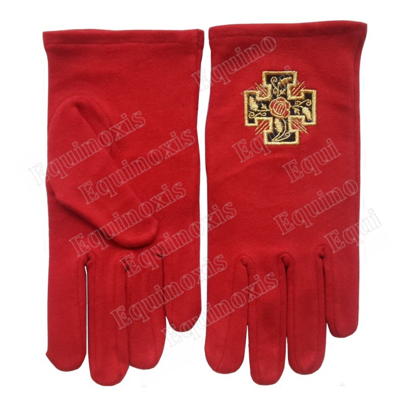 Gants maçonniques coton brodés rouges – REAA – 18ème degré – Croix potencée – Taille XXXL